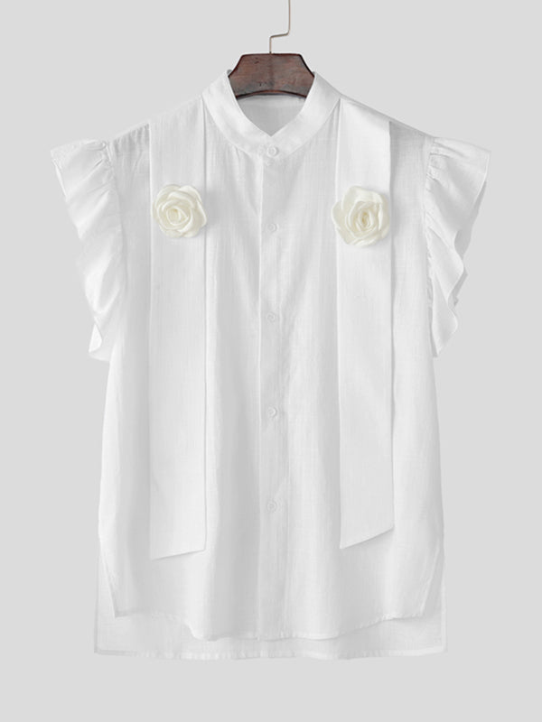 Mens Ruffled Stand Collar Sleeveless Shirt SKUL10613