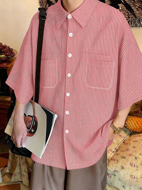 Men's City Boy Oversized Pinstripe Half Sleeve Shirt SKUL59597