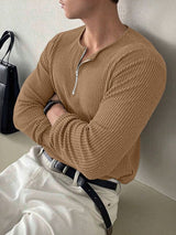 Men's Solid Color Textured Half Zip Long Sleeve T Shirt SKUL42818