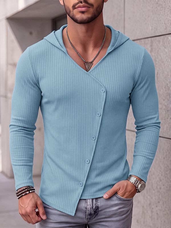 Men's Avant-Garde Urban Casual Asymmetrical Slanted Button Ribbed Knit Long Sleeve Hooded Sweatshirt SKUL81825
