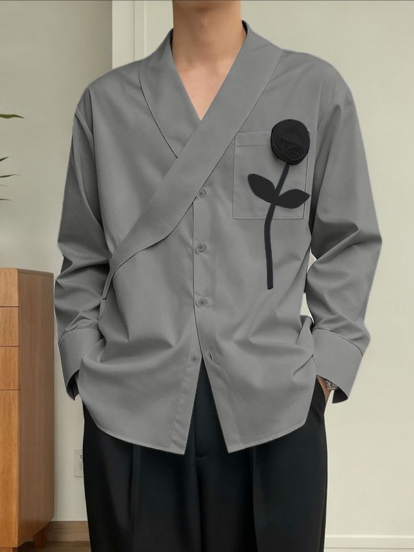 Men's 3D Floral Decor Long Sleeve Shirt SKUL42379