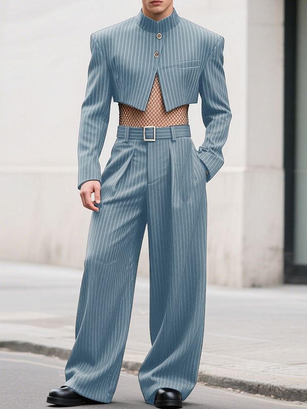 Men's Striped Stand Collar Cropped Two Pieces Outfit SKUL32776