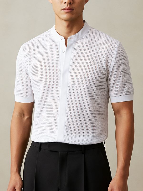 Men's Sheer Mesh Stand Collar Short Sleeve Shirt SKUL55516