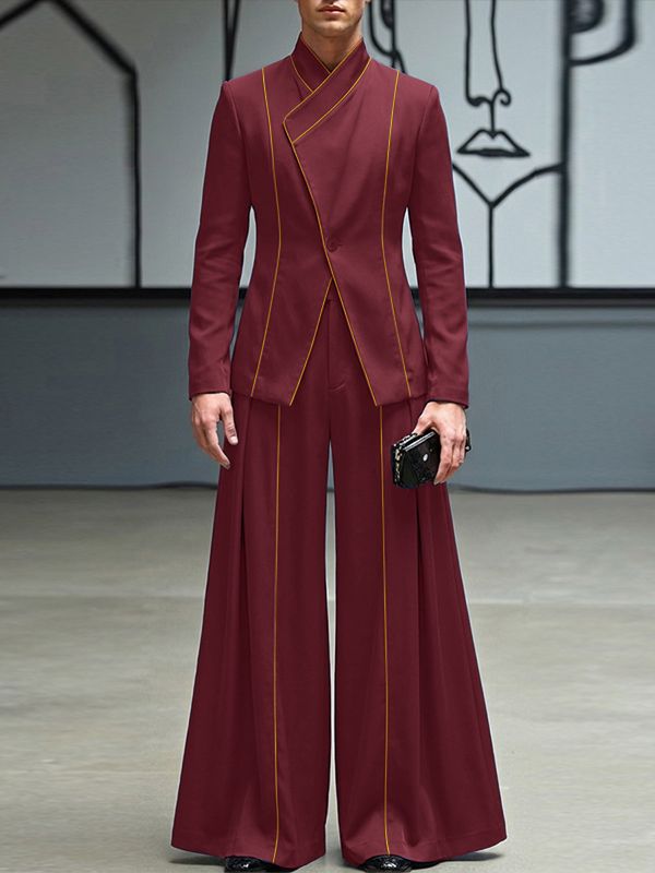 Men's Asymmetric Placket Contrast Trim Two Pieces Outfit SKUL50087