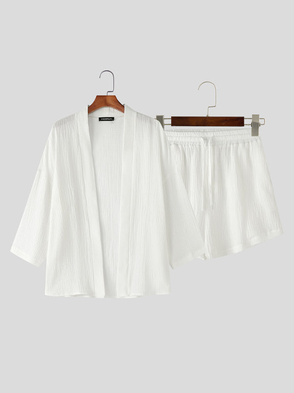 Mens Solid Color Minimalist Ruched Two Pieces Outfit SKUL13055