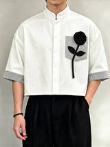 Men's Vintage Casual Rose Applique Stripe Patchwork Cropped Half Sleeve Shirt SKUL75685