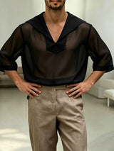 Men's Avant-Garde Sheer Sailor Collar V-Neck Mesh Textured Shirt SKUL60201