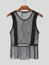 Men's See Through Mesh Long Tassel Fringe Cropped Tank SKUL57843