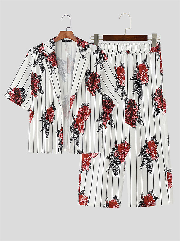 Mens Floral Print Striped Two Pieces Outfit SKUL08648