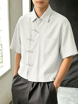 Men's Modern Zen Asymmetrical Slant-Placket Frog-Button Shirt SKUL58777
