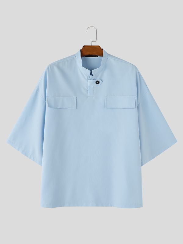 Men's Modern Chinoiserie Mock Neck Asymmetric Tab Button Utility Short Sleeve Shirt SKUL68246