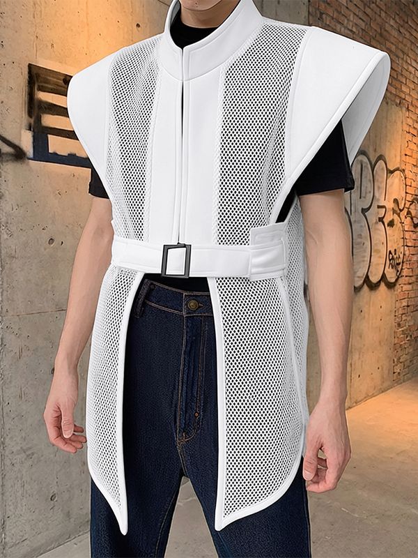 Men's Avant-Garde Strong-Shoulder Mesh-Panel Tactical Belted Techwear Waistcoat SKUL54772