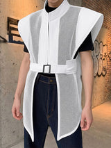 Men's Avant-Garde Strong-Shoulder Mesh-Panel Tactical Belted Techwear Waistcoat SKUL54772