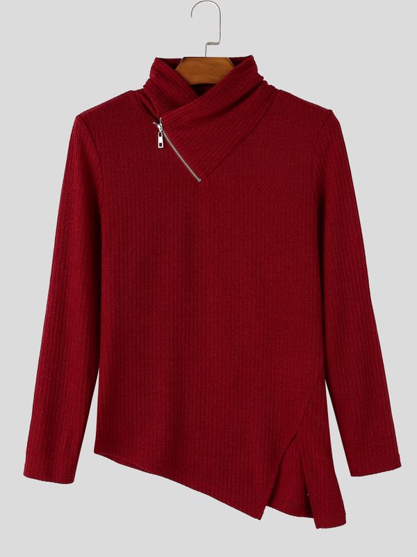 Men's Avant-Garde Urban Casual Asymmetrical Slanted Zipper Ribbed Knit Pointed Hem Long Sleeve Stand Collar Sweater SKUL82403