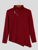 Men's Avant-Garde Urban Casual Asymmetrical Slanted Zipper Ribbed Knit Pointed Hem Long Sleeve Stand Collar Sweater SKUL82403