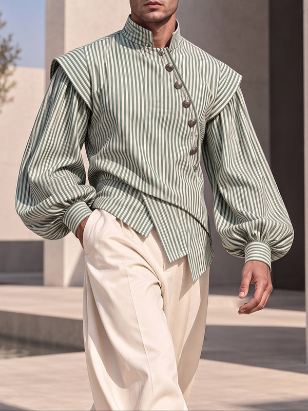 [Pre-order] Men's Vintage Dandy Stage Runway Metallic Button Lantern Sleeve Striped Shirt SKUL89153
