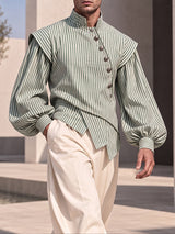 [Pre-order] Men's Vintage Dandy Stage Runway Metallic Button Lantern Sleeve Striped Shirt SKUL89153