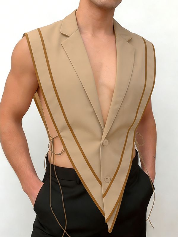Men's Avant-Garde Open-Side Lace-Up Contrast Stripe Waistcoat SKUL54015