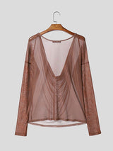 Men's Avant-Garde Draped Cowl Neck Floral Lace Sleeve Mesh T-shirt SKUL52648