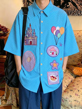 Men's Daily Casual Wear Polka Dot Cartoon Castle Patchwork Oversized Casual Shirt SKUL59596