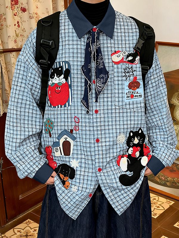 Men's Cat Fun Print Plaid Long Sleeve Shirt SKUL46134