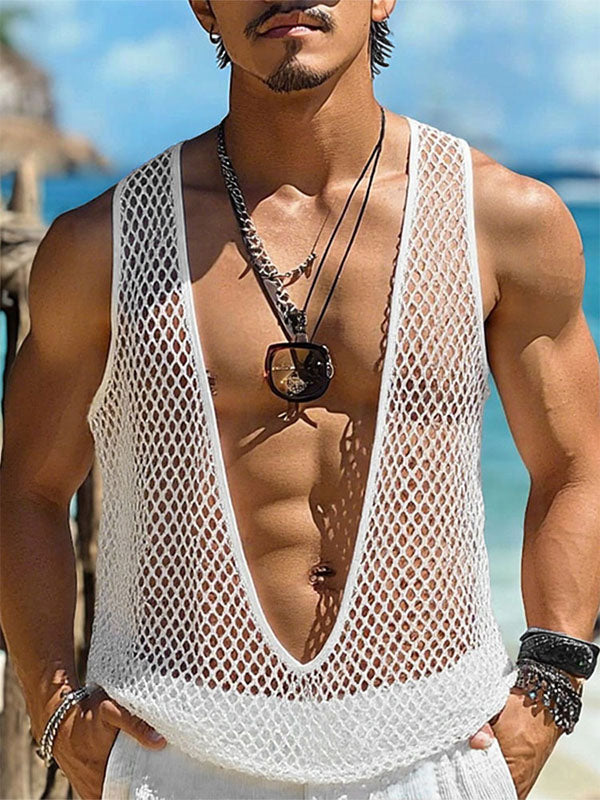 Mens Sheer Mesh Cowl Neck Hollow Tank SKUL13738