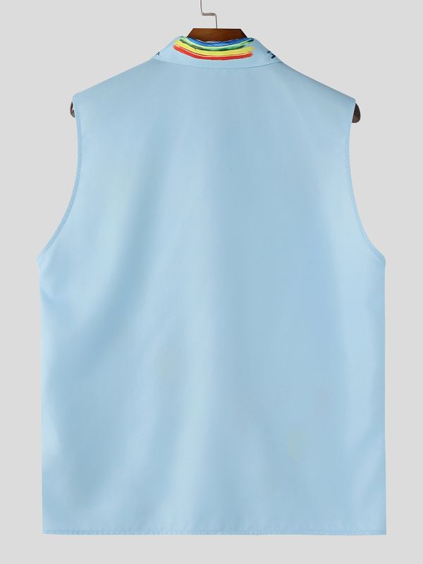 Men's Playful Avant-Garde Hand-Drawn Rainbow Tie Graphic Sleeveless Button-Up Shirt SKUL69069