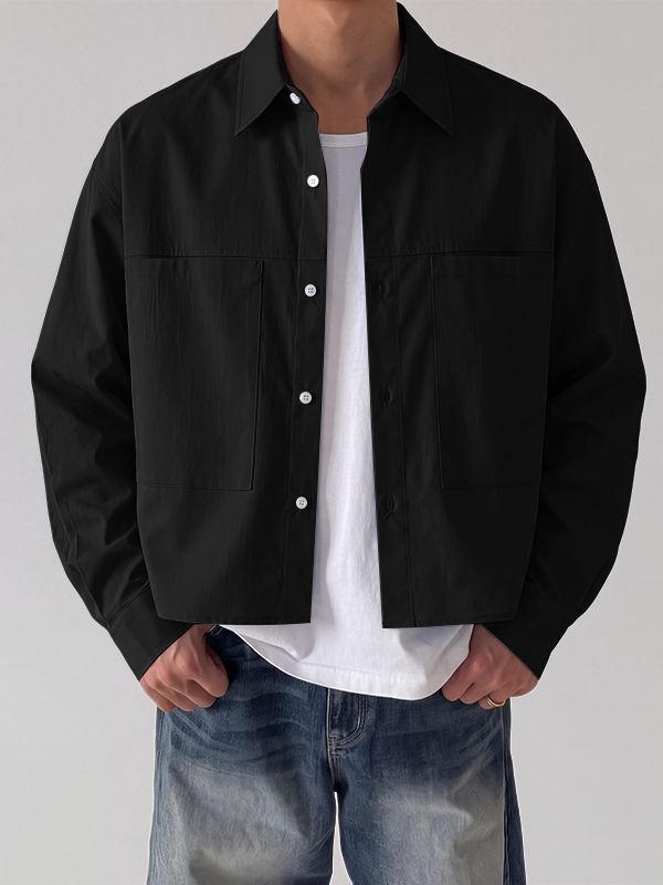 Men's Early Autumn Urban Casual Patch Pocket Boxy Fit Long Sleeve Turn-Down Collar Shirt SKUL81841