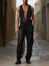 Mens Striped See Through V-Neck Jumpsuit SKUK51122