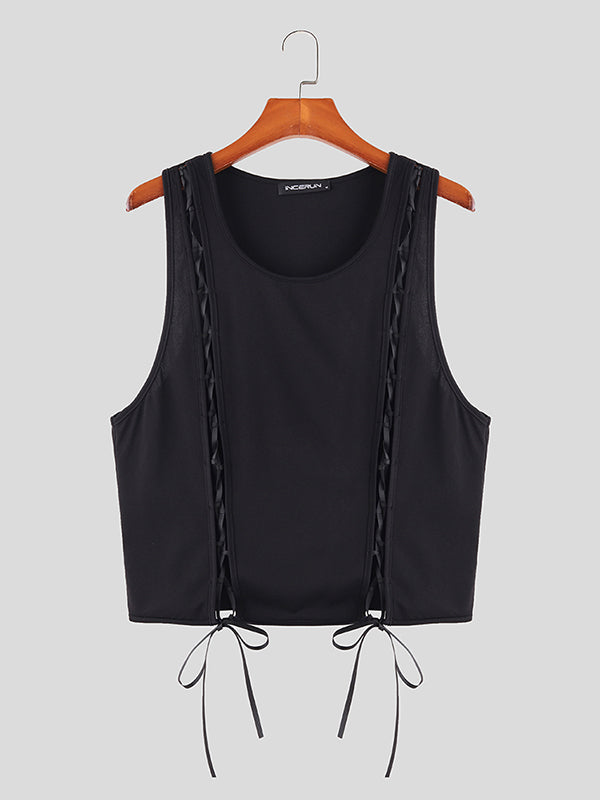 Mens Solid Lace-Up Crew Neck Sleeveless Vest SKUK29276