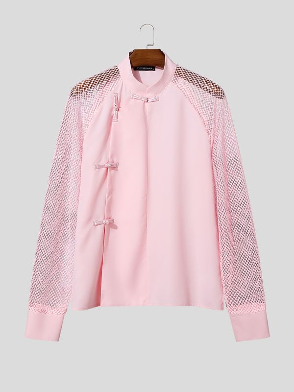 Men's Sheer Mesh Patchwork Frog Button Long Sleeve Shirt SKUL54548