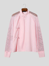 Men's Sheer Mesh Patchwork Frog Button Long Sleeve Shirt SKUL54548