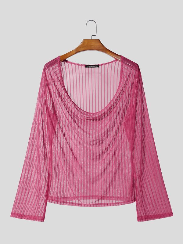 Men's Sexy Party Sheer Mesh Stripe Long Sleeve Cowl Neck T-shirt SKUL78343