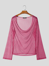 Men's Sexy Party Sheer Mesh Stripe Long Sleeve Cowl Neck T-shirt SKUL78343