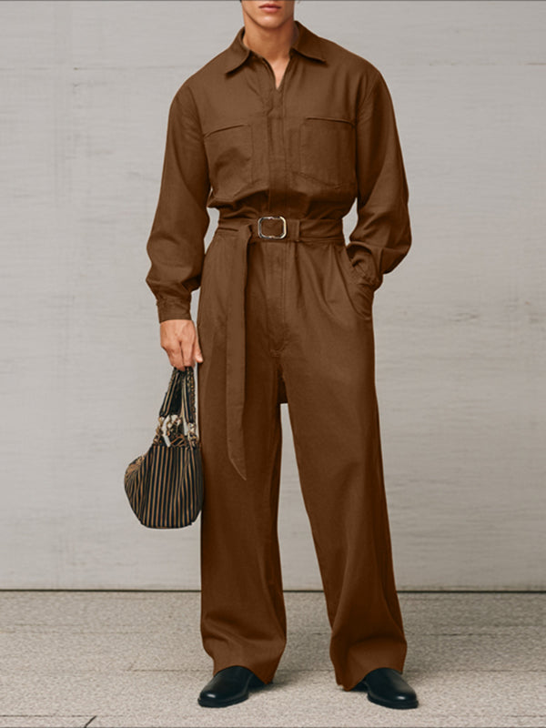 Men's Solid Tie Strap Casual Long Sleeve Jumpsuit SKUL28175