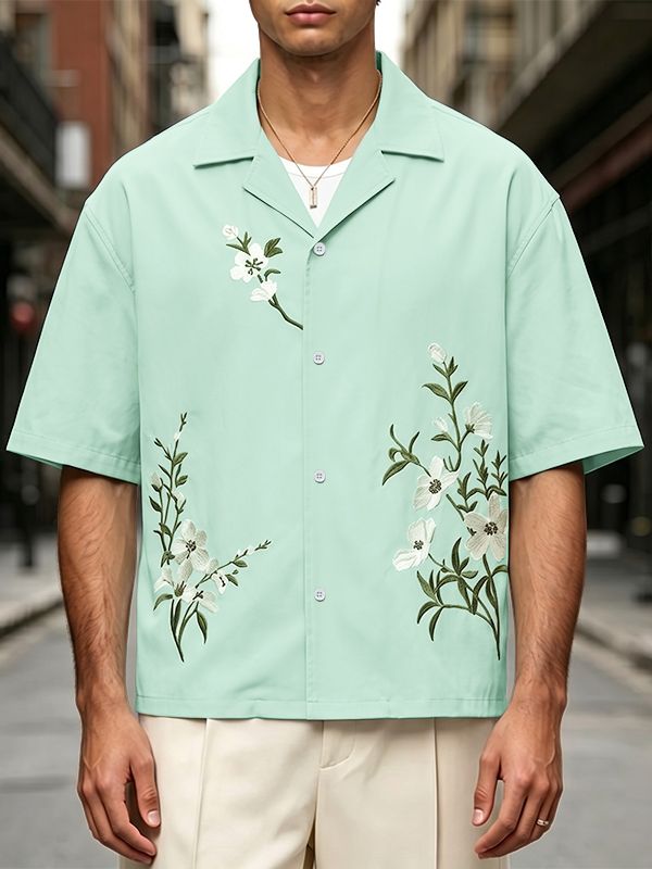 Men's Vintage Botanical Floral Embroidered Cuban Collar Relaxed Fit Short Sleeve Shirt SKUL72584