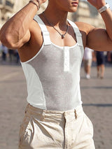 Men's Sexy Sheer Mesh Fishnet Buckle Strap Button Front Tank SKUL73604