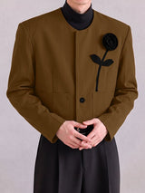 Men's Neo-Chinese Chic Evening Gala 3D Rose Flower Collarless Single Button Cropped Blazer SKUL85944