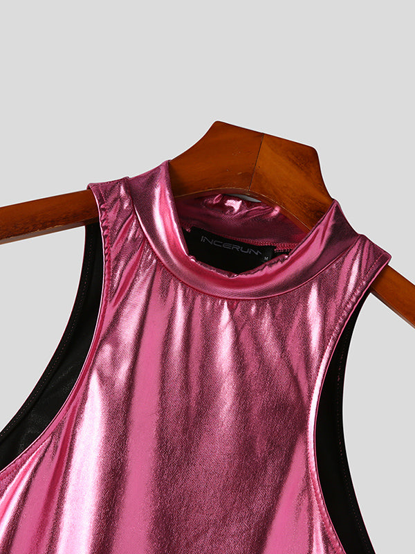 Mens Metallic Half-Collar Solid Sleeveless Bodysuit SKUK11253