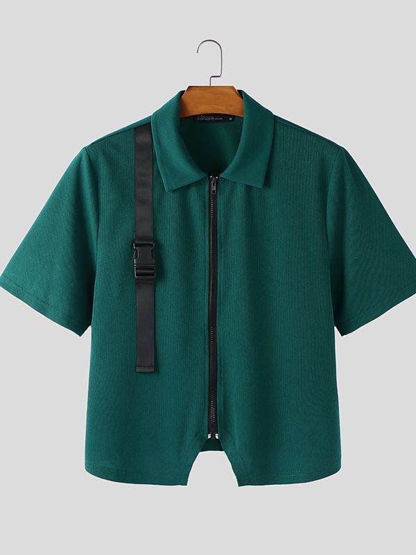 Men's Solid Color Textured Zipper Short Sleeve T-shirt SKUL46018