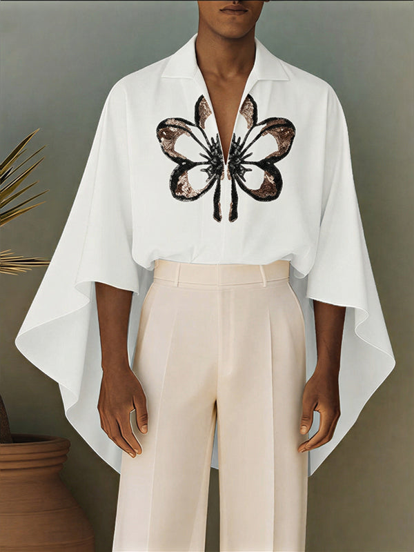 Men's Avant-Garde Butterfly Sequin Print Cape-Sleeve Flowing Shirt SKUL66950