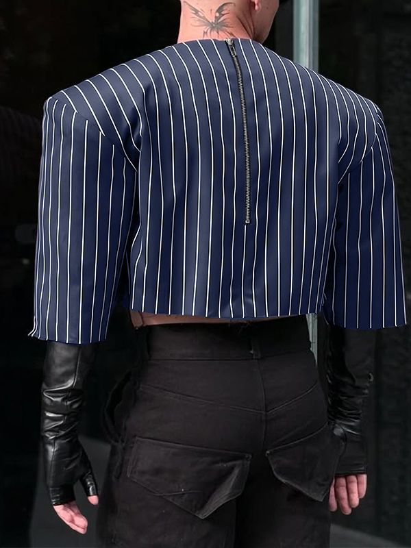 Men's Back Zipper Striped Cropped Shirt SKUL41259