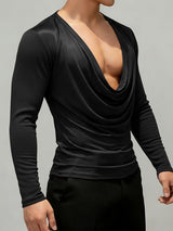 Men's Textured Patchwork Draped Neck Long Sleeve T-shirt SKUL52670