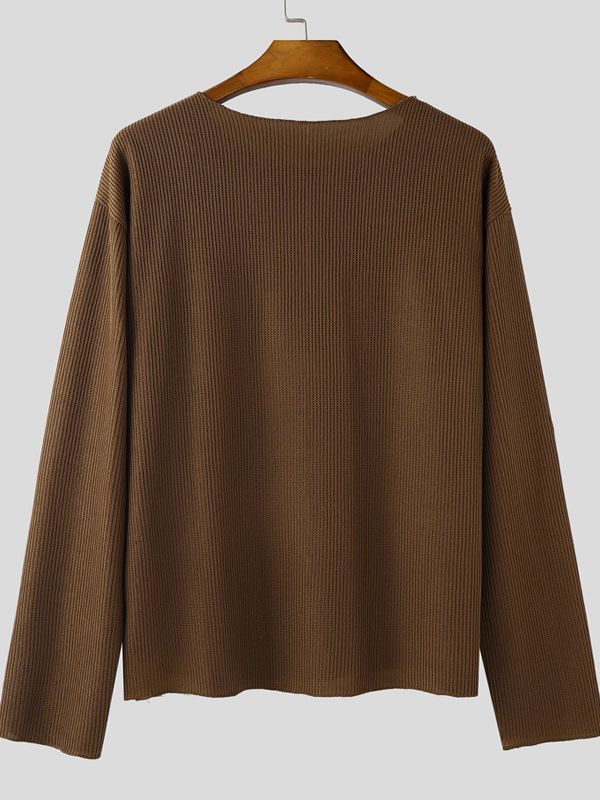 Men's Solid Color Textured Casual Long Sleeve T-Shirt SKUL38540