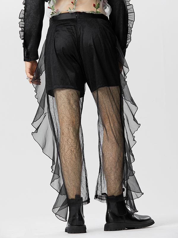 Mens Ruffle Mesh Patchwork See Through Pants SKUK24690