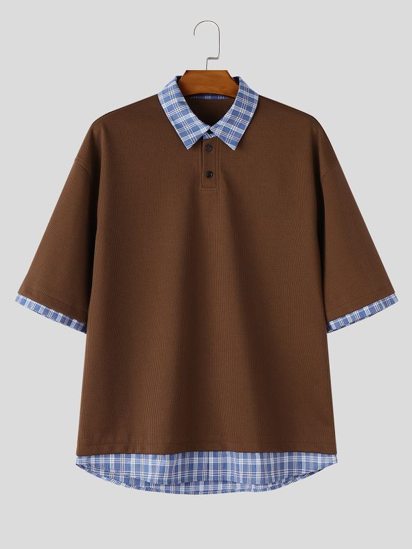 Men's Vintage Japanese Cityboy Aesthetic Fake Two-Piece Plaid Layered Polo Shirt SKUL70203