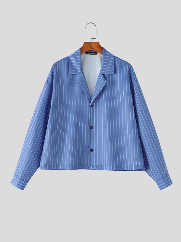 Men's Urban Retro Pinstripe Cuban Collar Boxy Cropped Long Sleeve Shirt SKUL76496