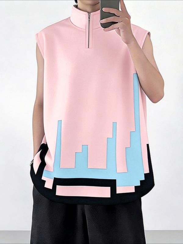 Men's Avant-Garde Pixelated Digital Graphic Quarter-Zip Tank SKUL61164