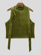 Men's Ribbon Patchwork Velvet Frog Button Stand Collar Cropped Tank SKUL51873