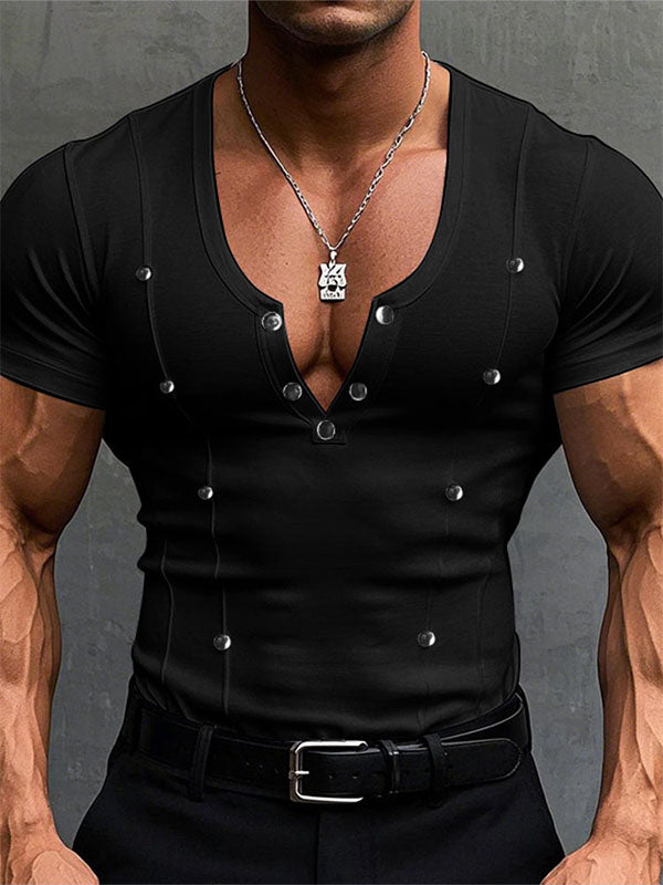 Mens Button Patchwork Knit Short Sleeve T-Shirt SKUL04166